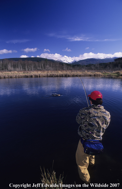 Angler plays a Rainbow Trout