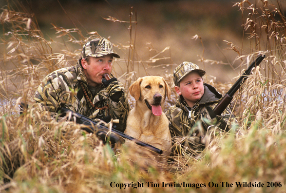 Father and son duck hunters and yellow Labrador Retriever.