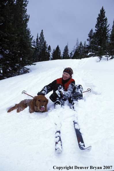 Woman cross country skiing with golden Retriever