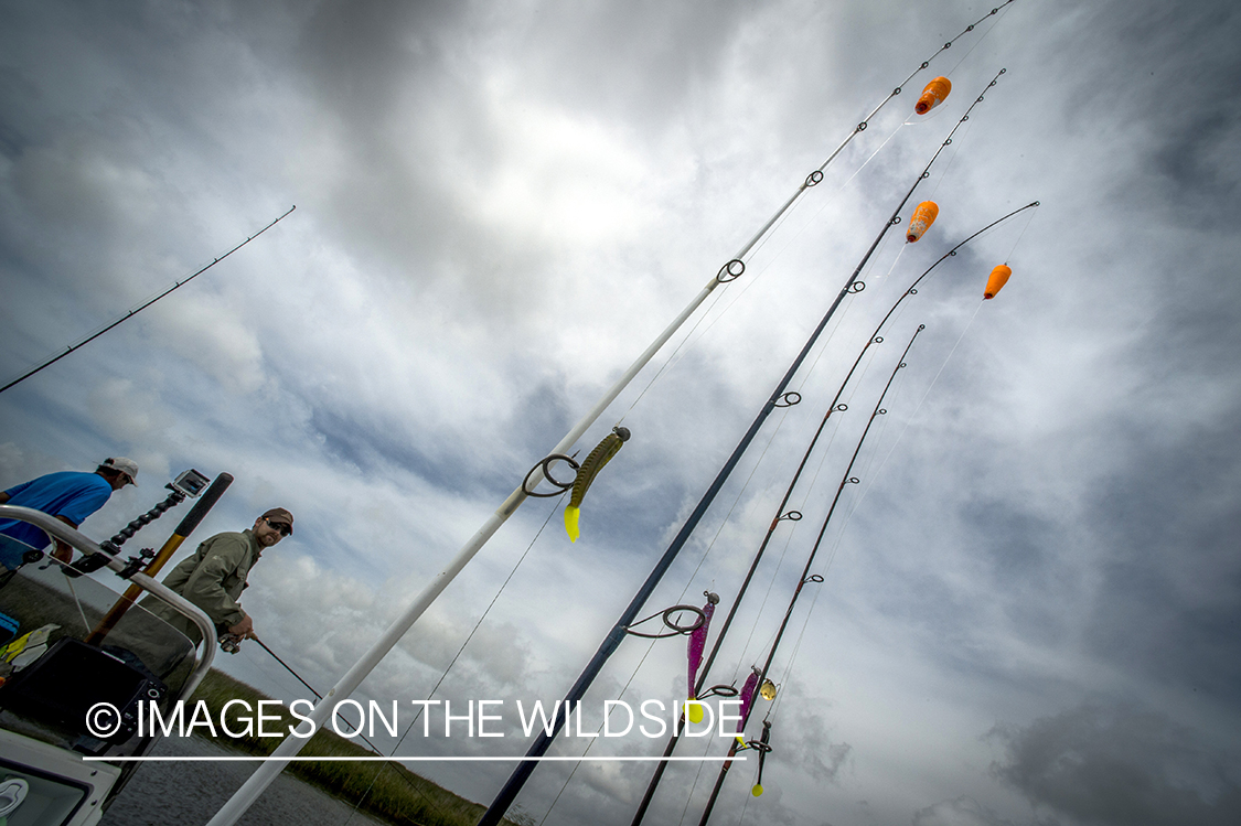 Spincast poles on boat.