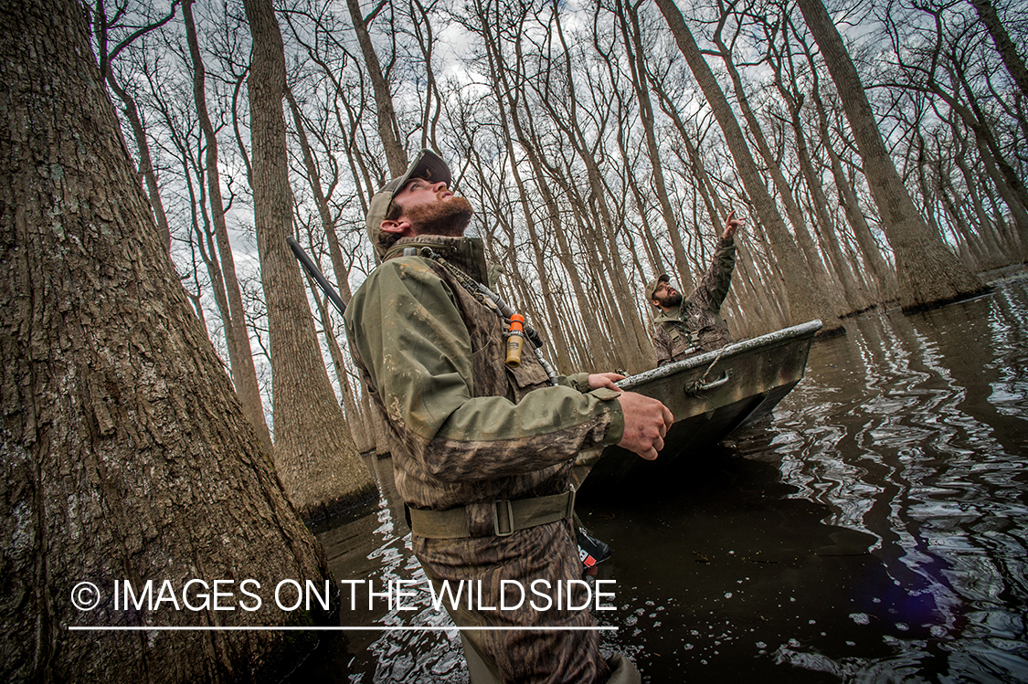 Duck hunters in flooded timber.