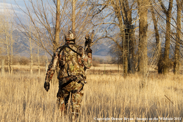 Bowhunter walking through field. 