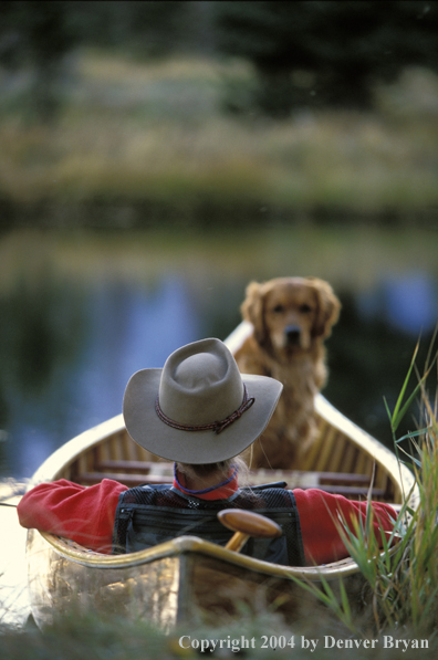 Flyfisherman with Golden Retriever in wooden cedar canoe.  