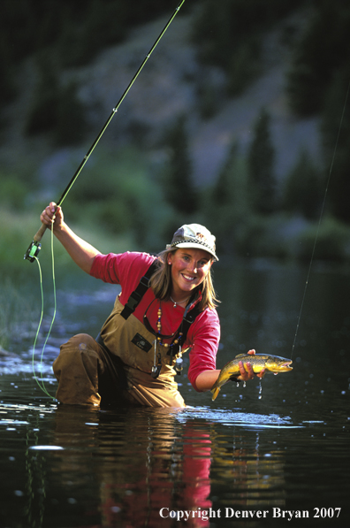 Flyfisher holding/releasing trout.