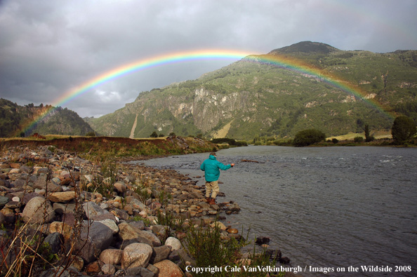 Rainbow spanning river as Flyfisherman casts