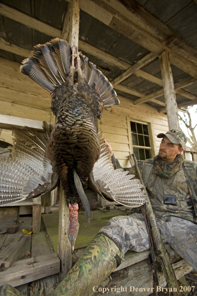 Turkey hunter in field with bagged bird