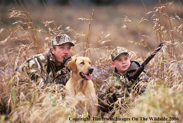 Father and son duck hunters and yellow Labrador Retriever.