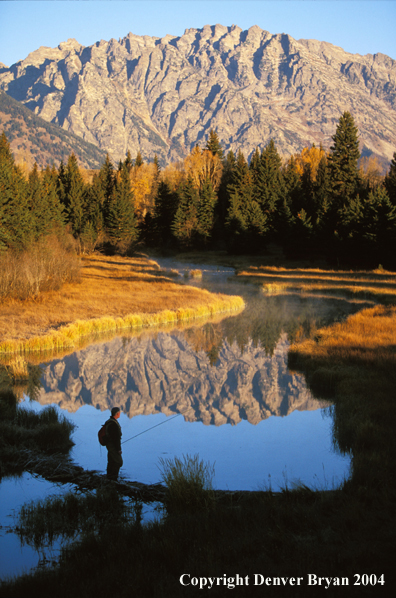 Flyfisherman crossing river.