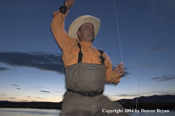 Flyfisherman playing fish at dusk (MR)