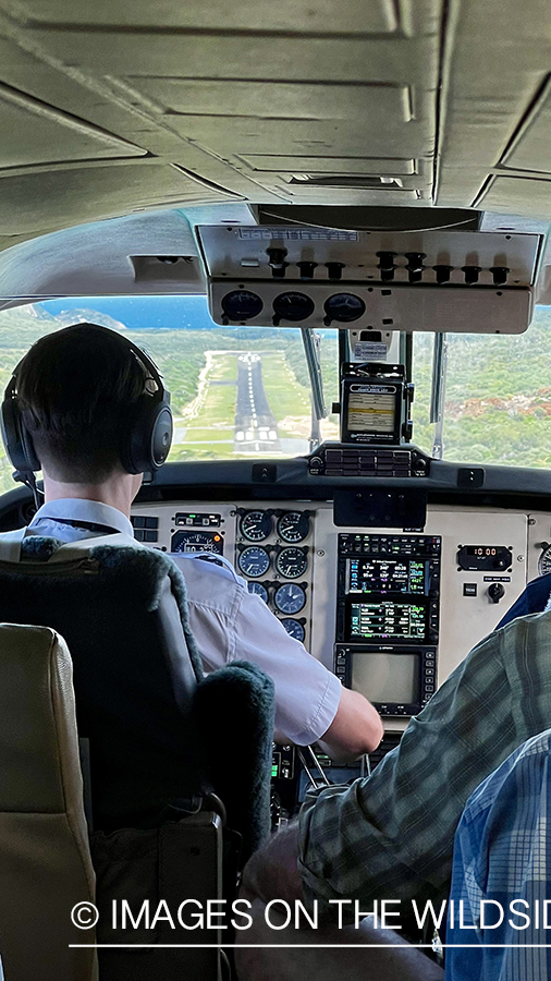 Airplane landing on small airstrip.