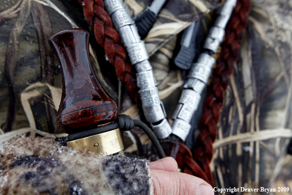 Waterfowl hunter with duck call and bands.