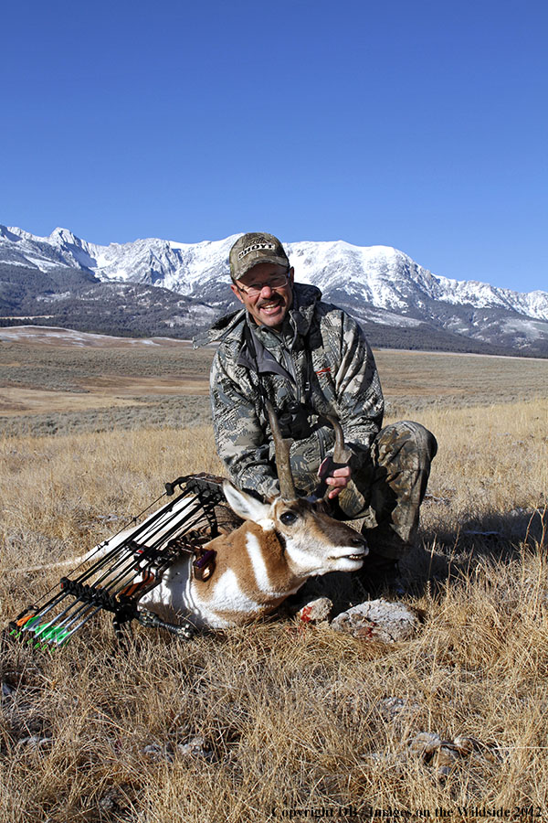 Bowhunter with downed pronghorned buck.