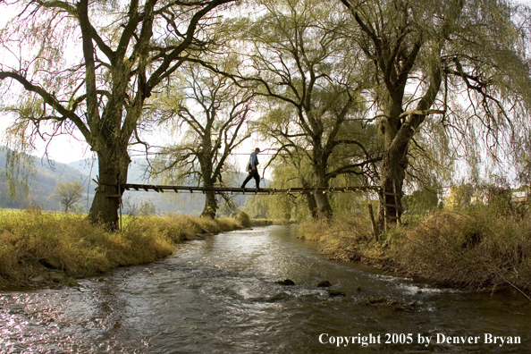 Flyfisherman crossing foot bridge over Pennsylvania spring creek.