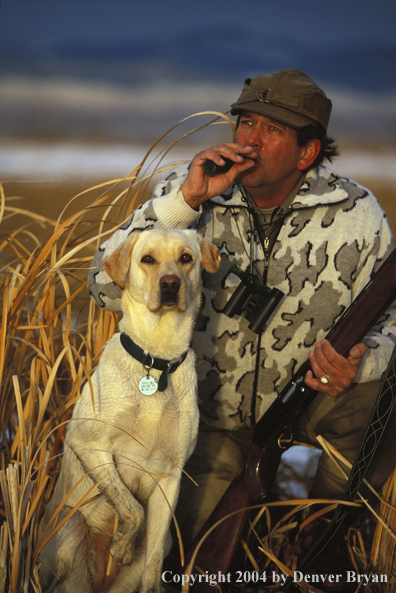 Waterfowl hunter with yellow Lab calling birds.