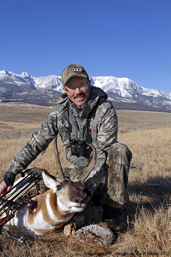 Bowhunter with downed pronghorned buck.