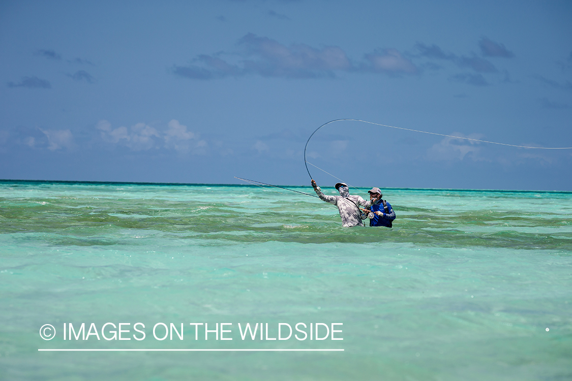 Flyfisherman on St. Brandon's Atoll flats, Indian Ocean.