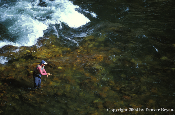 Flyfisherman casting on river.