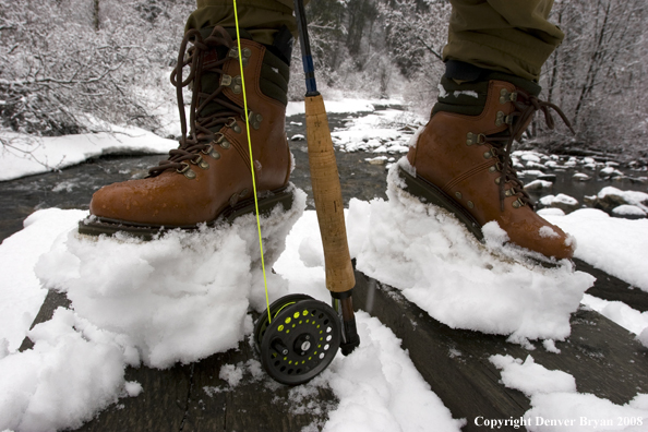 Flyfisherman on stream in winter