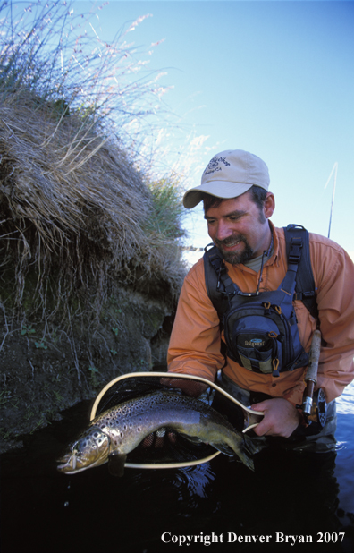 Flyfisherman holding brown trout.