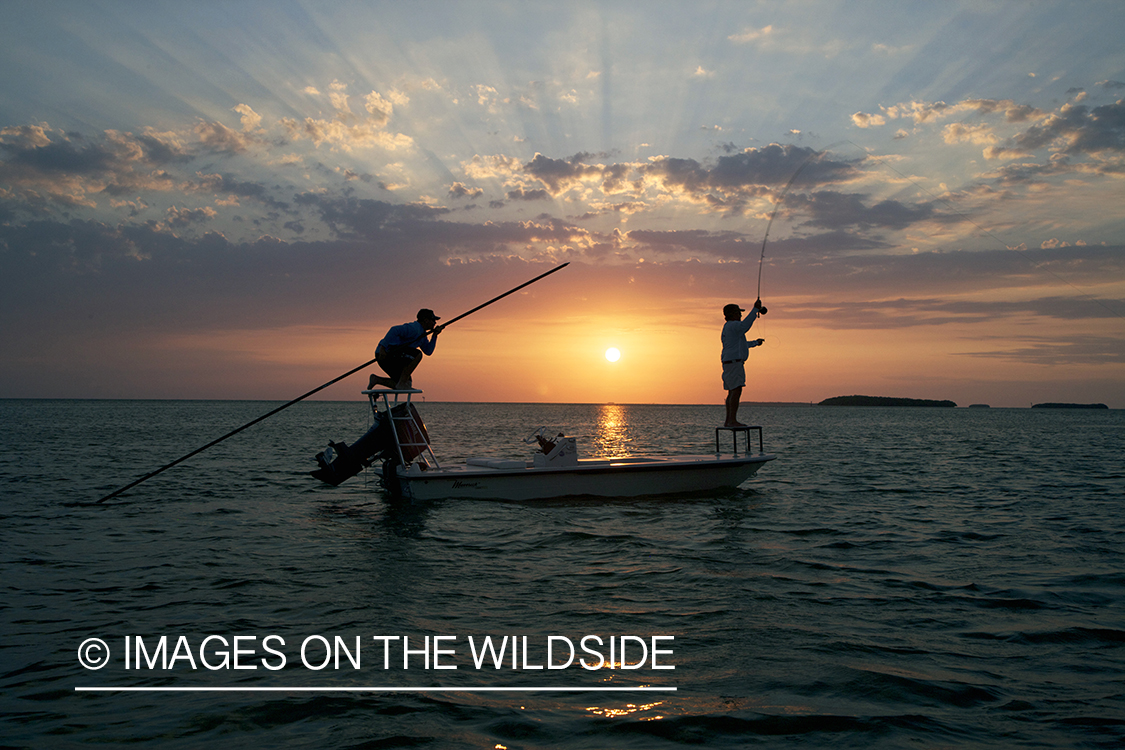 Flyfisherman casting from boat during sunset.