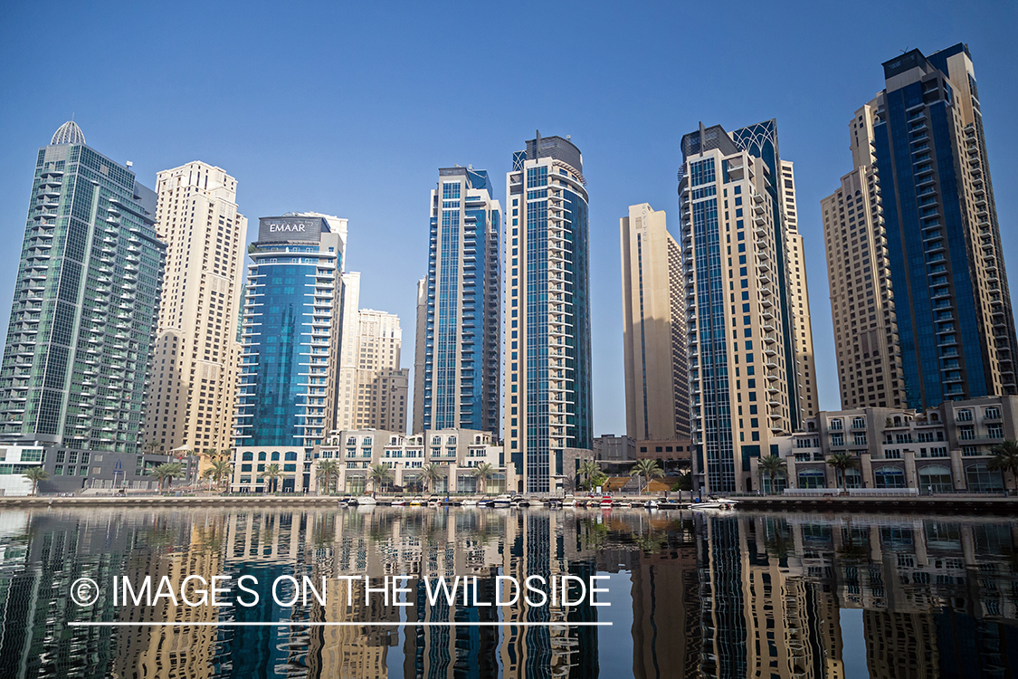 Skyline off the coast of Dubai, UAE.