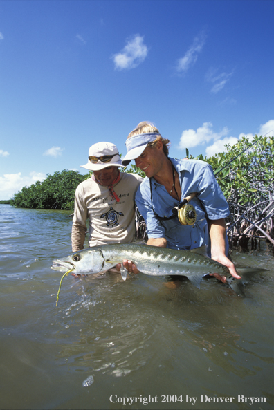 Saltwater flyfisherman and guide releasing barricuda.