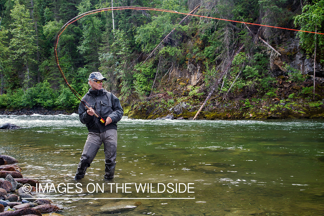 Flyfisherman fighting with fish on Nakina River, British Columbia.