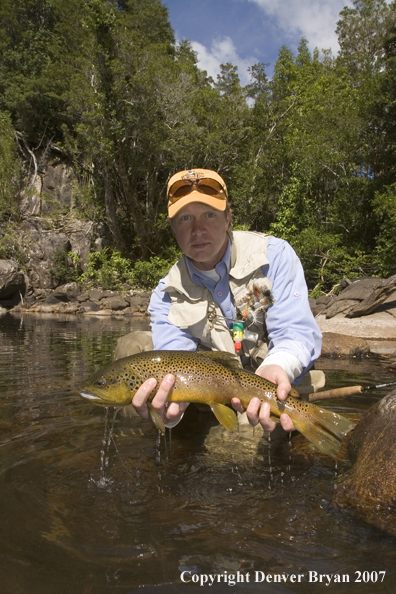 Flyfisherman holding nice brown trout.