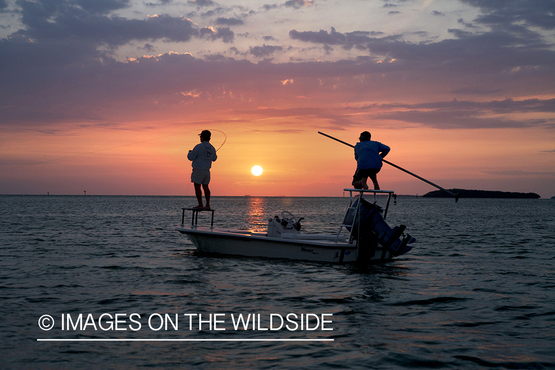 Flyfisherman casting from boat during sunset.