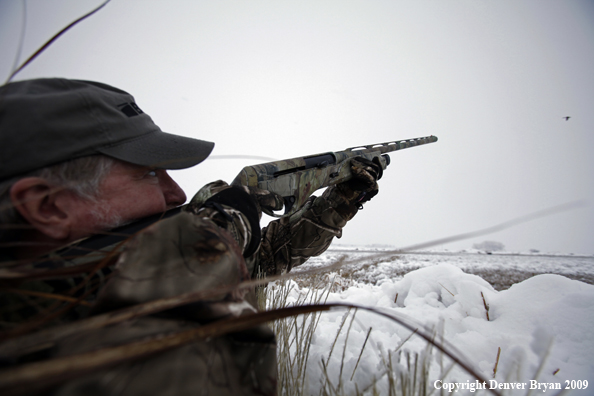 Waterfowl hunter aiming gun.