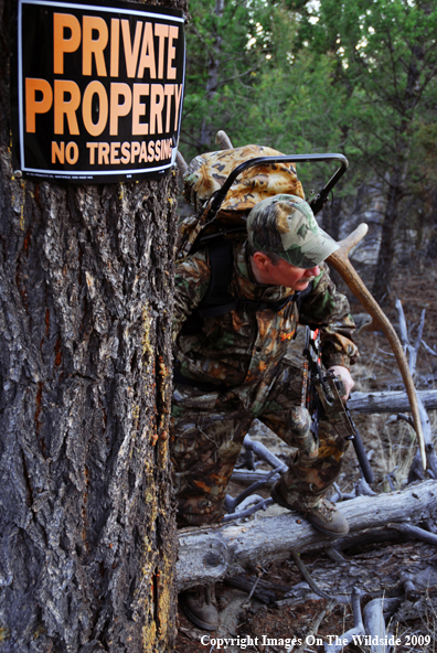 Bowhunter in field with elk rack.