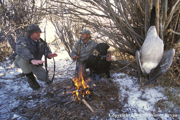 Waterfowl hunters and black Lab by fire with bagged goose.