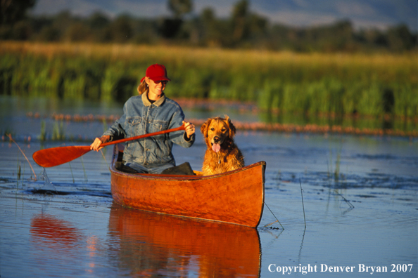 Woman canoeing with golden Retriever