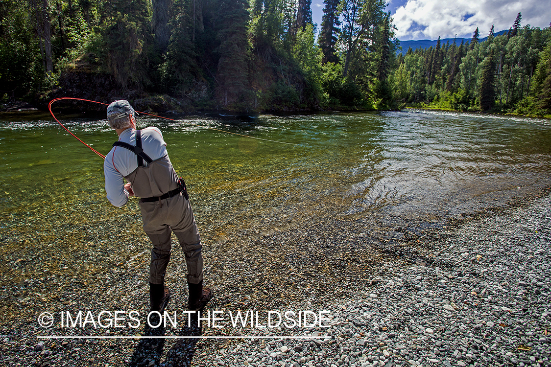 Flyfisherman fighting with fish on Nakina River, British Columbia.