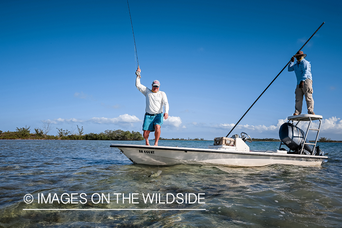 Flyfisherman fighting bonefish.