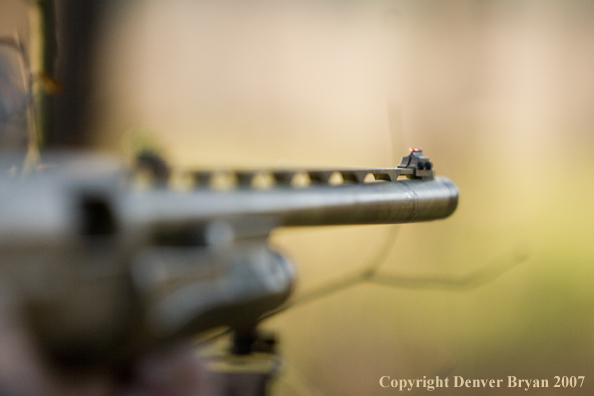 Turkey hunter in field shooting