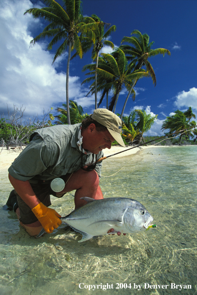 Saltwater flyfisherman releasing trevally.