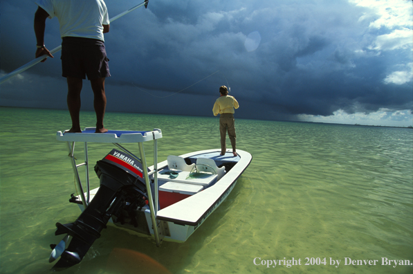 Saltwater flyfisherman and guide on boat.