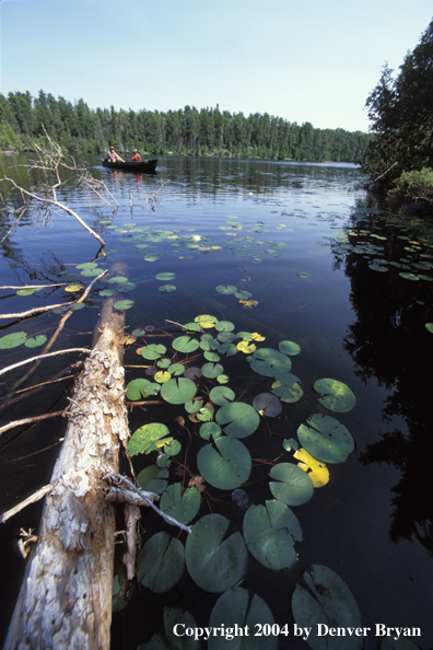 Father and son fishing from canoe.