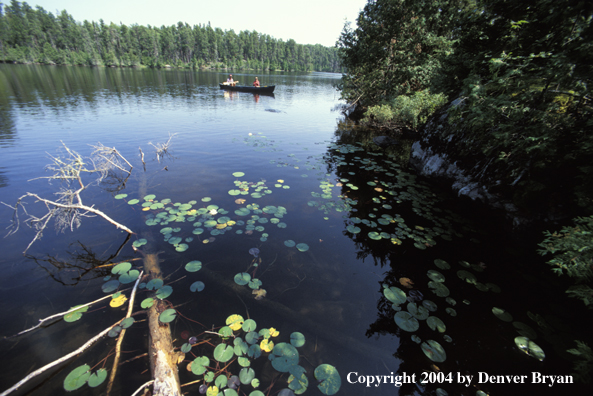 Father and son fishing from canoe.