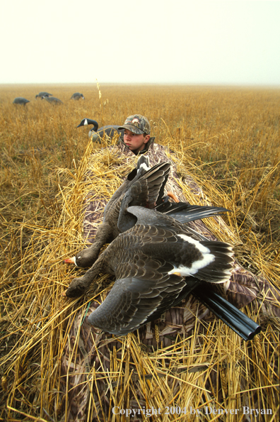 Waterfowl hunter in blind.