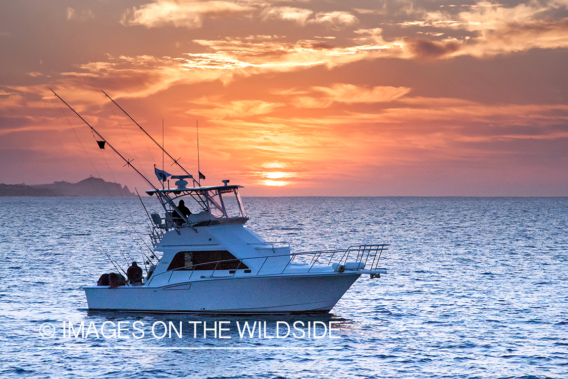 Fishermen on deep sea fishing boat with fishing rods.