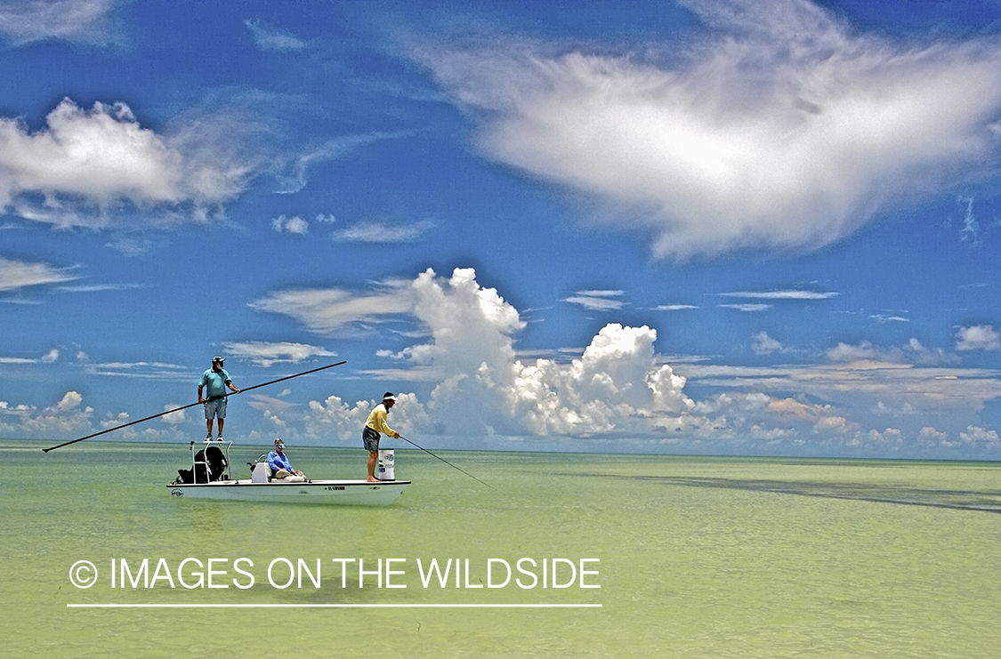 Flyfisherman casting from boat in clear flats.