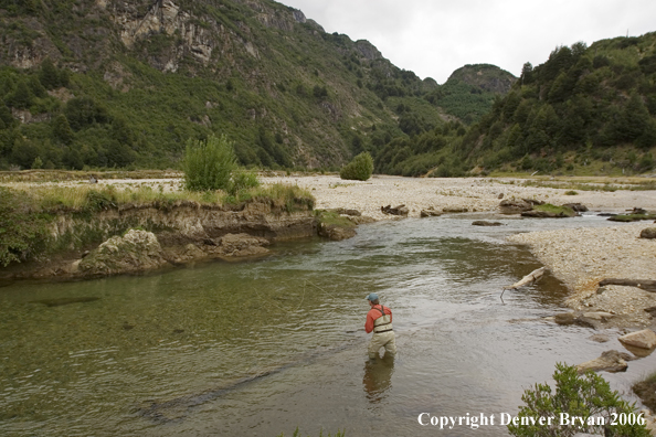 Flyfisherman casting on river.