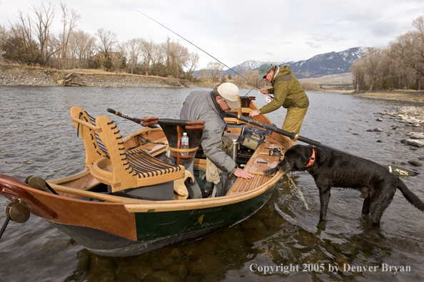 Flyfishermen and black Labrador Retriever in driftboat on Yellowstone River, Montana.