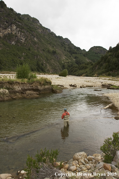 Flyfisherman casting on river.