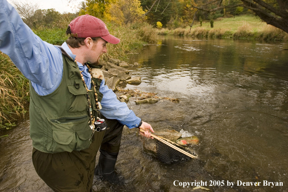 Flyfisherman crossing creek on footbridge.