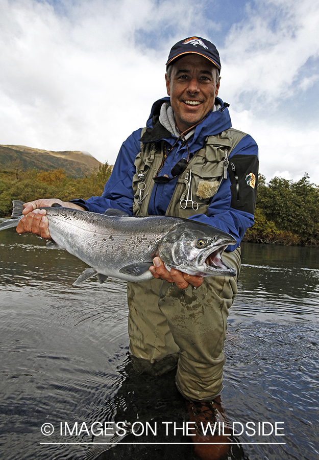 Flyfisherman with Silver Salmon, in Alaska.