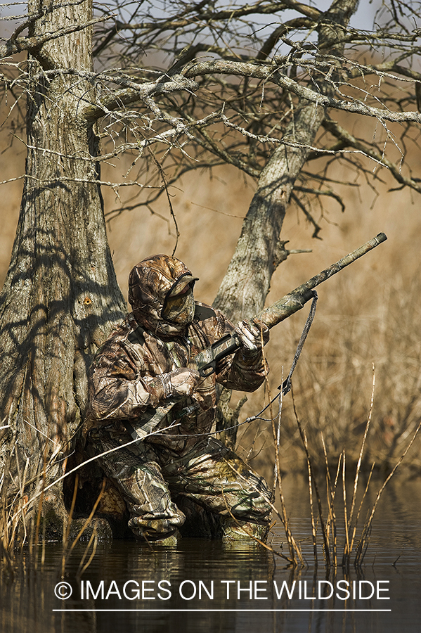 Waterfowl hunter camouflaged in wetlands.