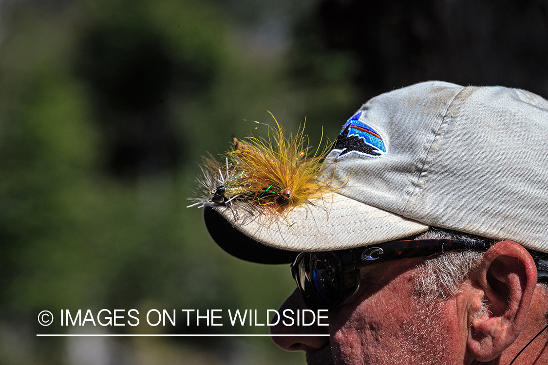 Flyfisherman with flies on bill.